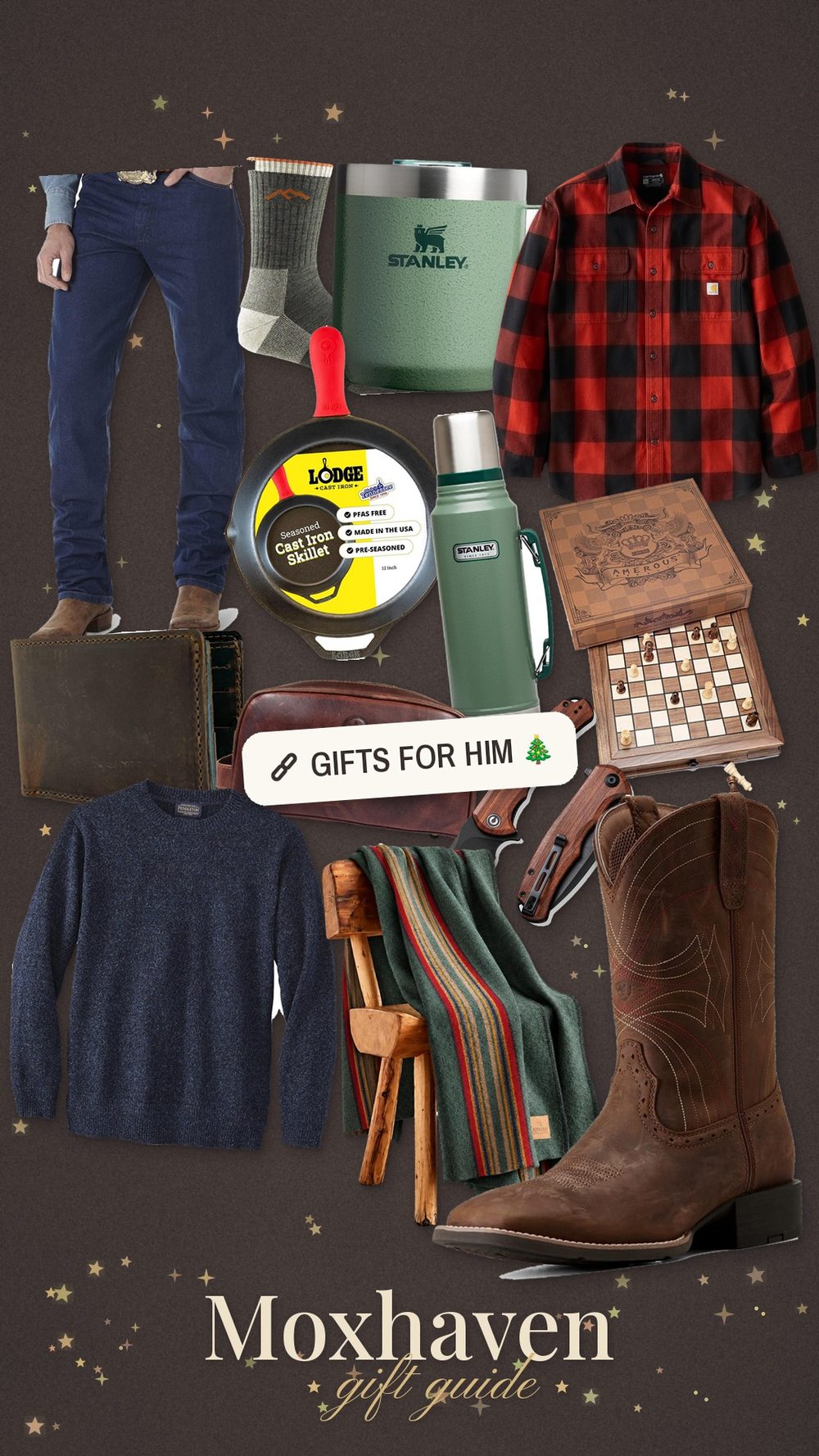 Moxhaven Christmas gift guide for him: a collage of gift ideas
