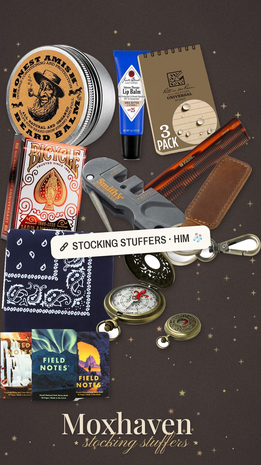 Moxhaven stocking stuffer ideas for him: a collage of small gifts