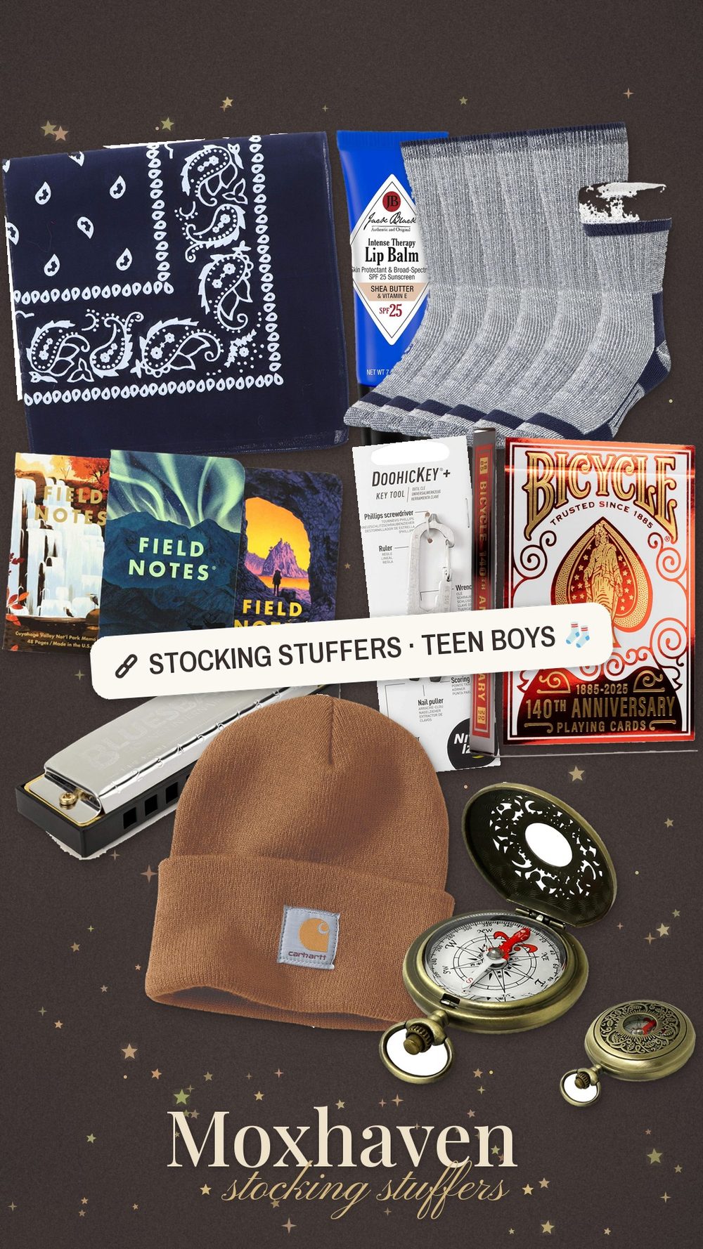Moxhaven stocking stuffer ideas for teen boys: a collage of small gifts