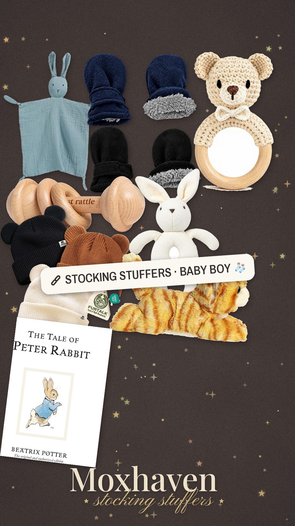 Moxhaven stocking stuffer ideas for baby boy: a collage of small gifts