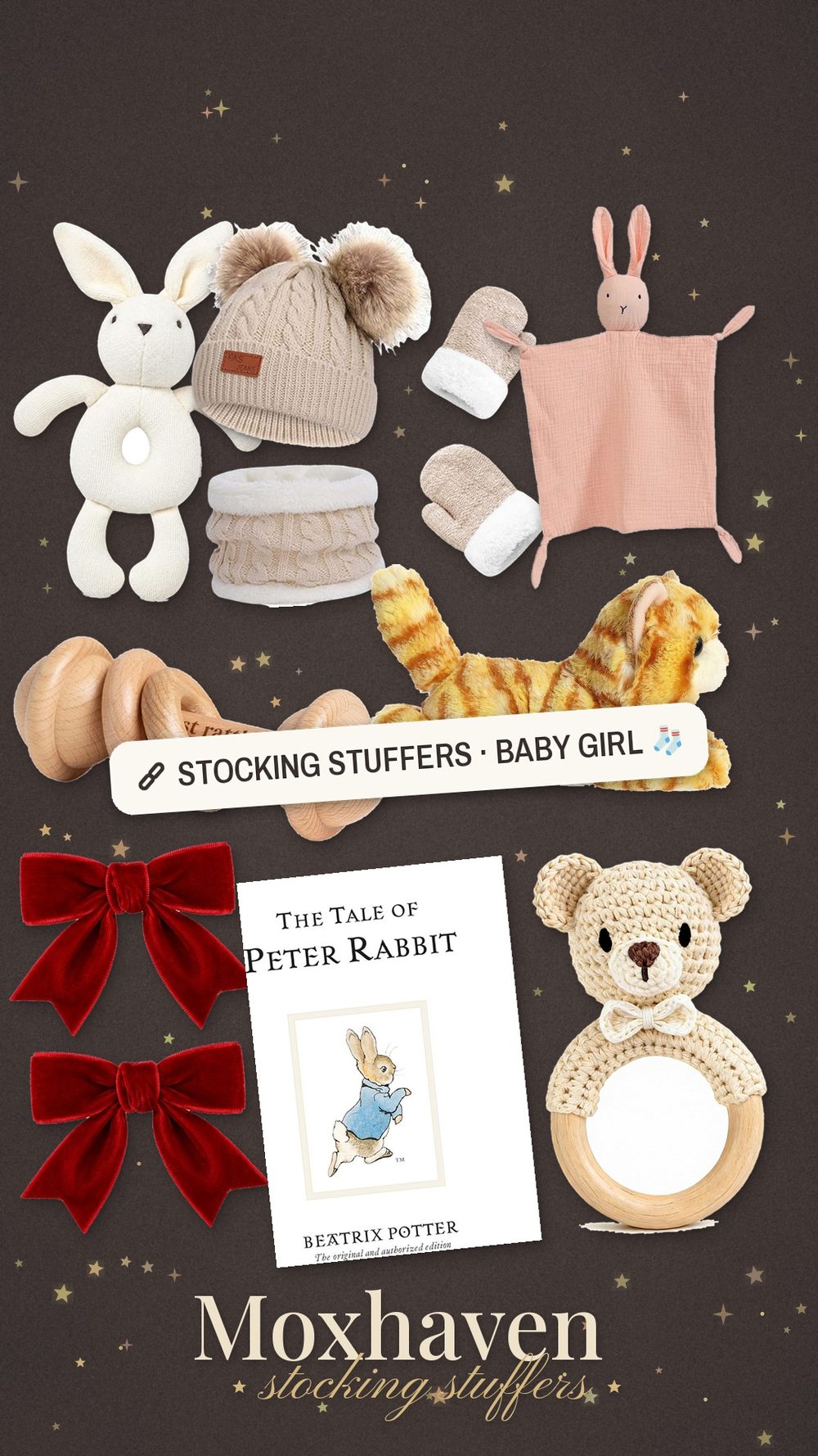 Moxhaven stocking stuffer ideas for baby girl: a collage of small gifts