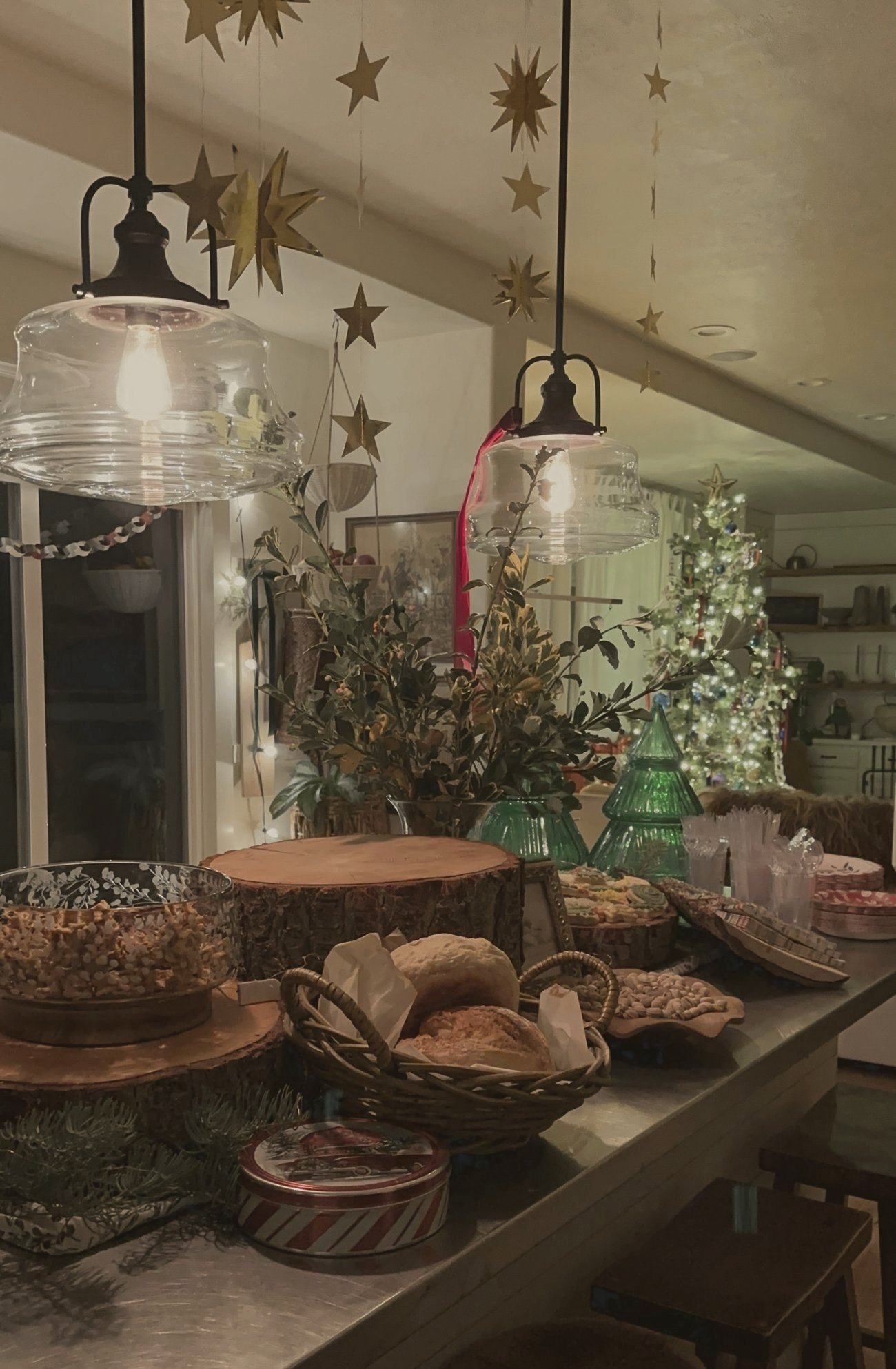 Our kitchen at Christmas with gold paper stars