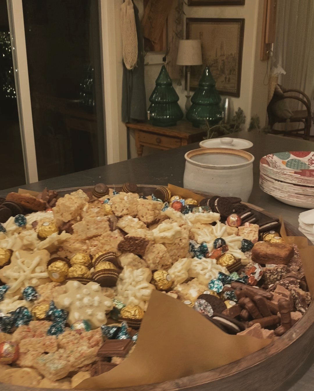 A big wooden platter of Christmas treats