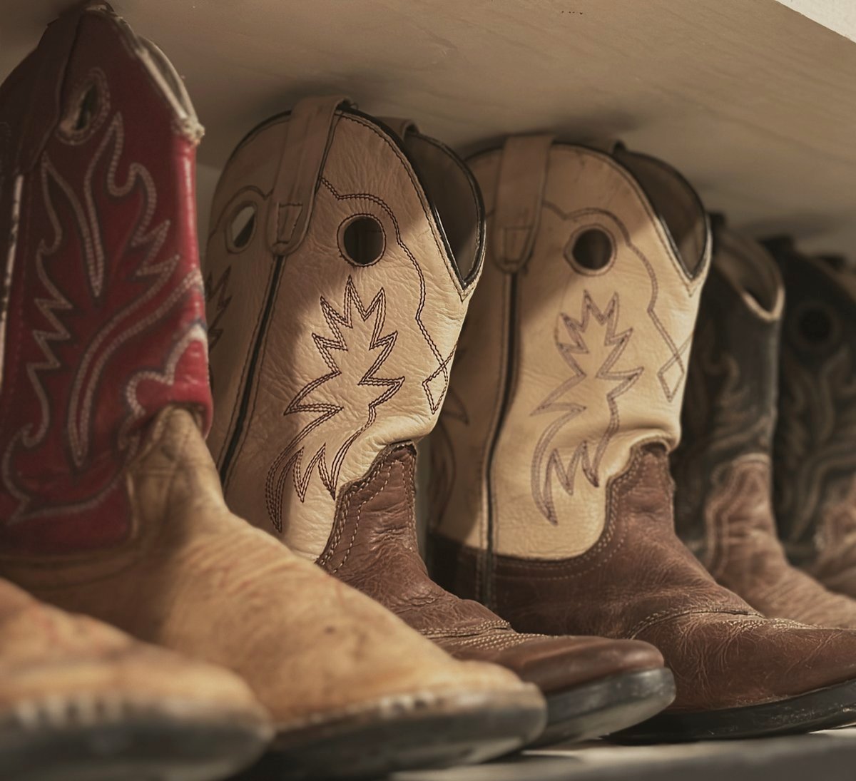 A row of worn cowboy boots on a shelf